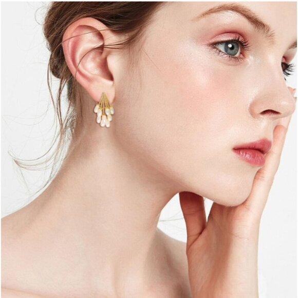 Gold and White Chandelier Earrings with Pearl Drops - Picture 12 of 14